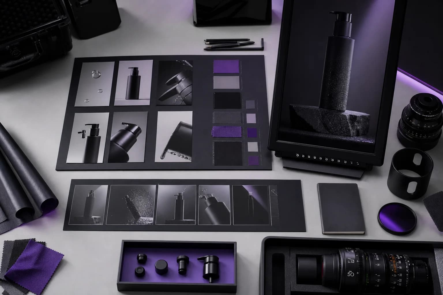 Organized creative system with product references, storyboards, color swatches, and production equipment