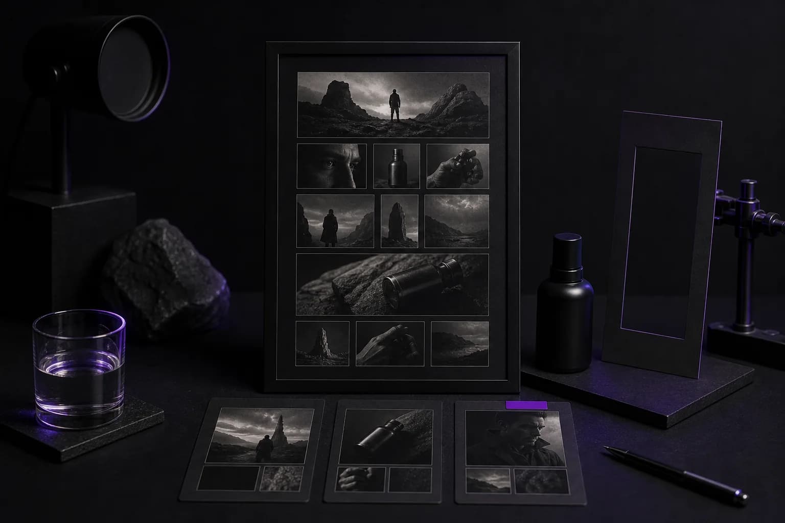 A vertical storyboard brief with interchangeable scene cards and product references