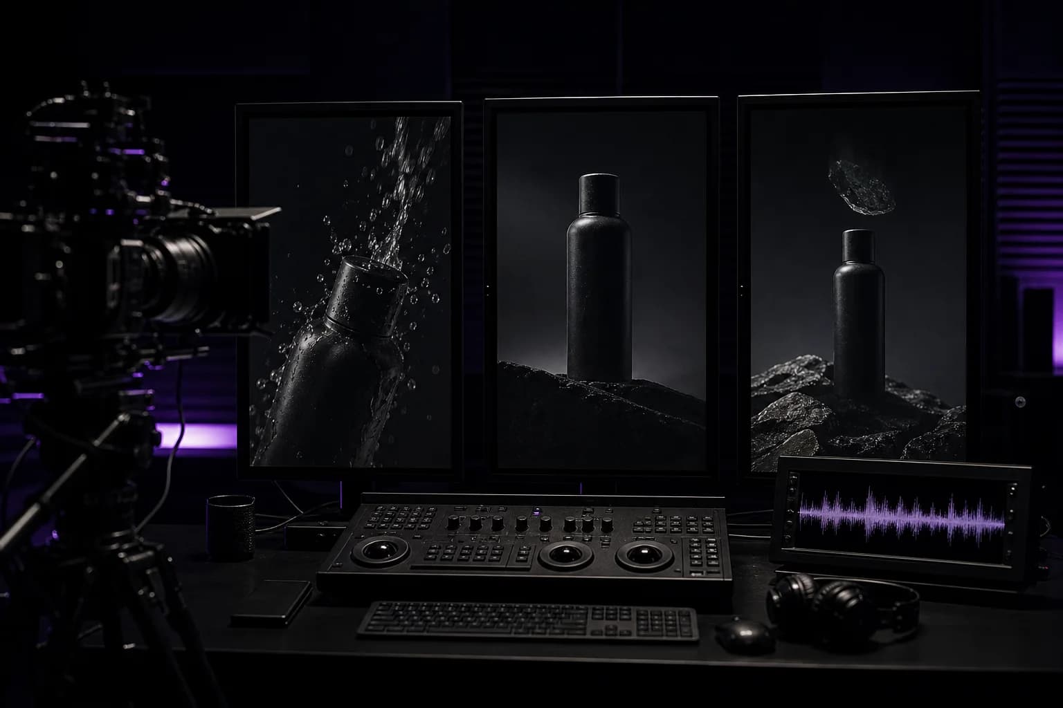 A controlled video production bay with coordinated scene monitors, editing controls, and audio