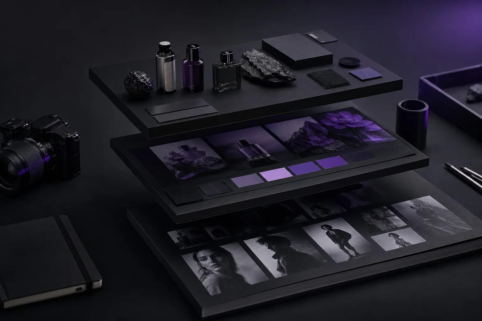 Layered brand, visual, and audience reference boards in a dark production studio